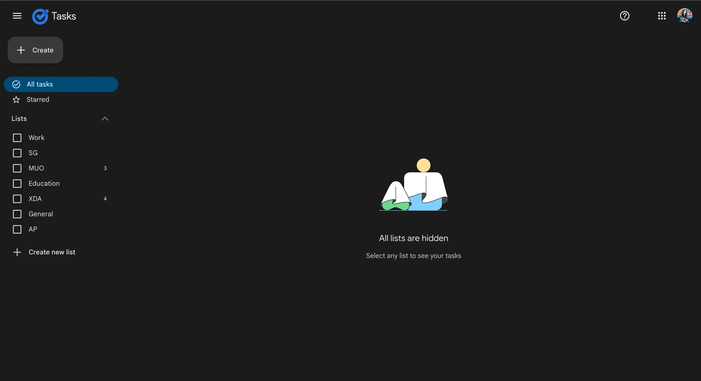 Giao diện người dùng của Google Tasks hiển thị sự đơn giản với các tùy chọn &quot;All tasks&quot;, &quot;Starred&quot; và danh sách công việc gọn gàng.