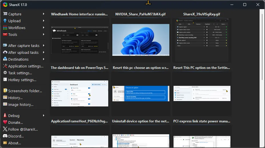 Giao diện người dùng của ShareX trên Windows 11, hiển thị các tùy chọn chụp và chỉnh sửa màn hình chuyên nghiệp