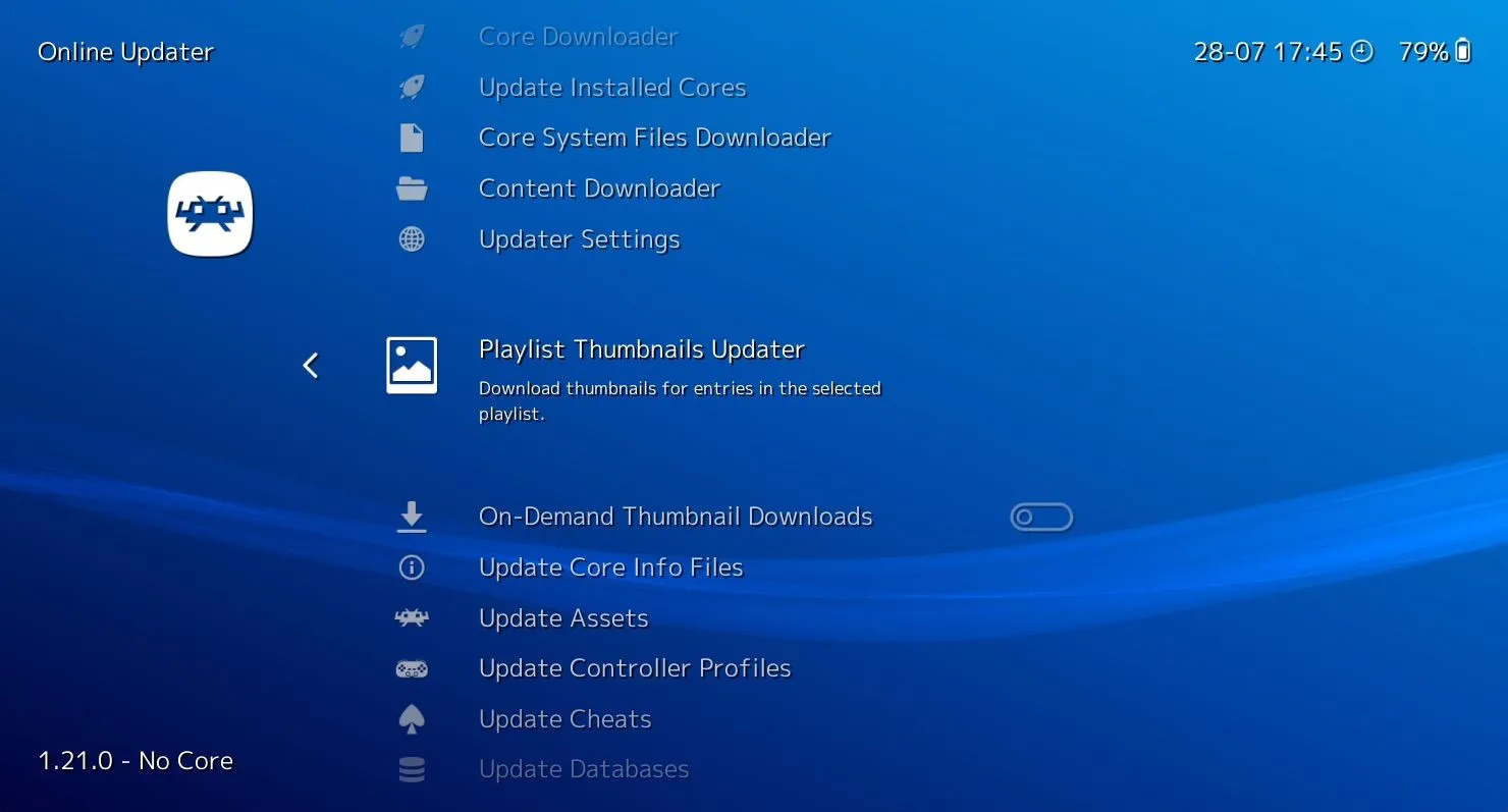 Giao diện Online Updater của RetroArch, hiển thị tùy chọn tải hình ảnh thu nhỏ cho các tựa game