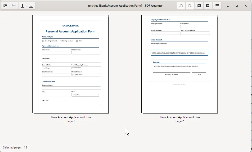 Giao diện PDF Arranger với các trang PDF được hiển thị dưới dạng hình thu nhỏ để dễ dàng sắp xếp lại
