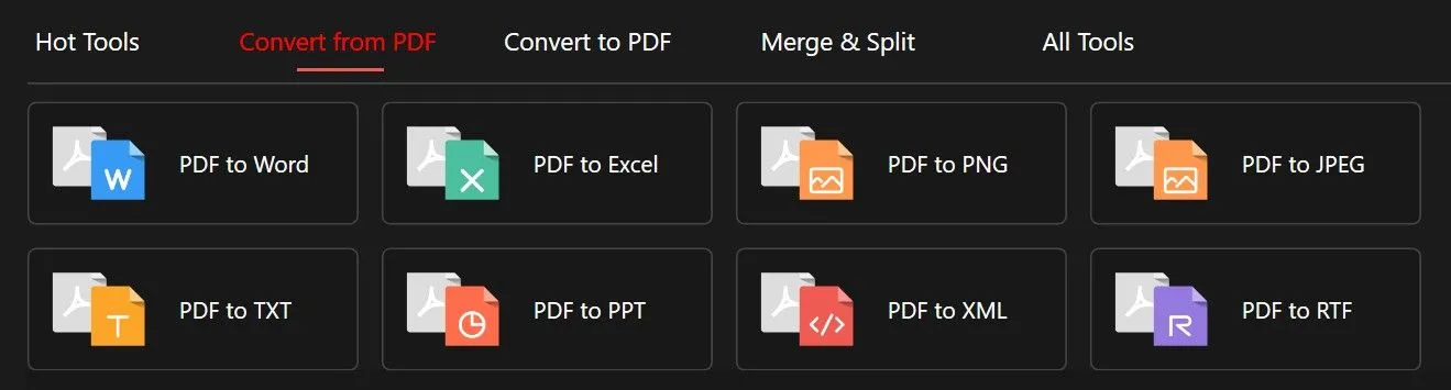 Giao diện PDFGear hiển thị khả năng chuyển đổi định dạng PDF sang các loại tệp khác