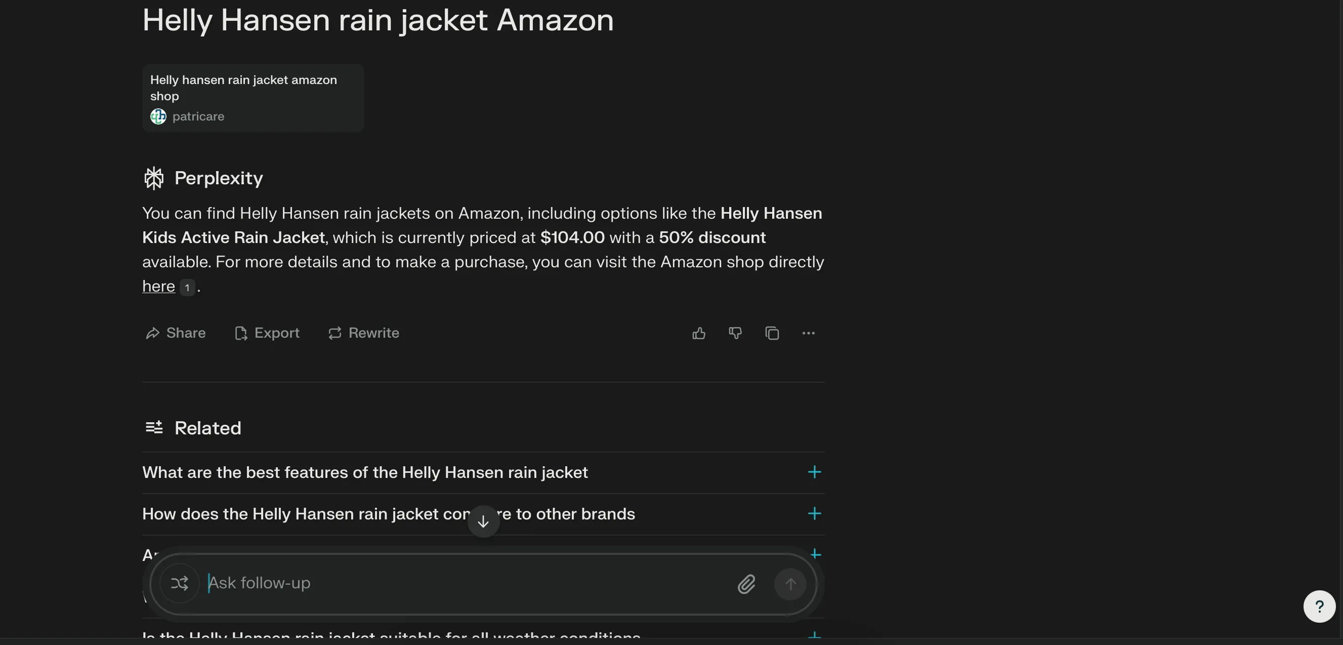 Giao diện Perplexity AI khi tìm áo khoác Helly Hansen trên Amazon