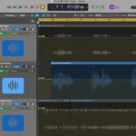 Giao diện phần mềm Logic Pro 11 hiển thị trang sắp xếp bản nhạc với các dải âm thanh.