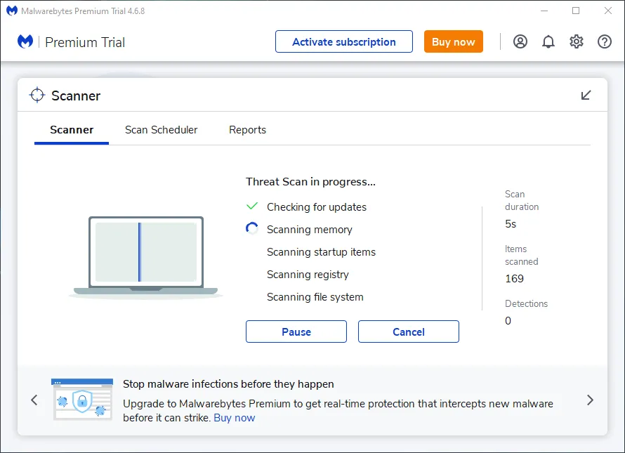 Giao diện phần mềm Malwarebytes hiển thị tính năng bảo vệ khỏi lừa đảo phishing và mã độc