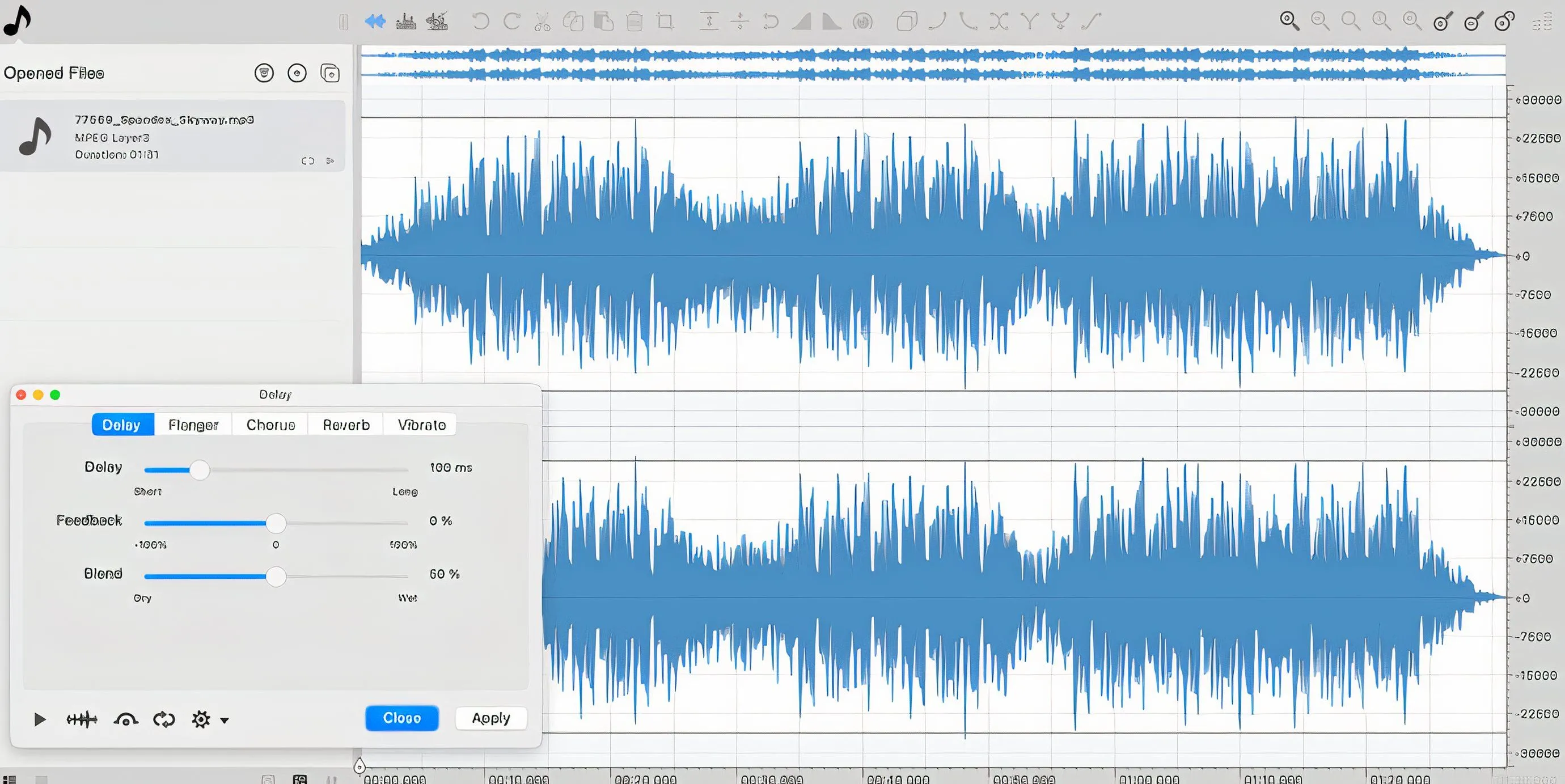 Giao diện phần mềm Ocenaudio hiển thị lựa chọn hiệu ứng Delay, minh họa tính năng xử lý hiệu ứng âm thanh.