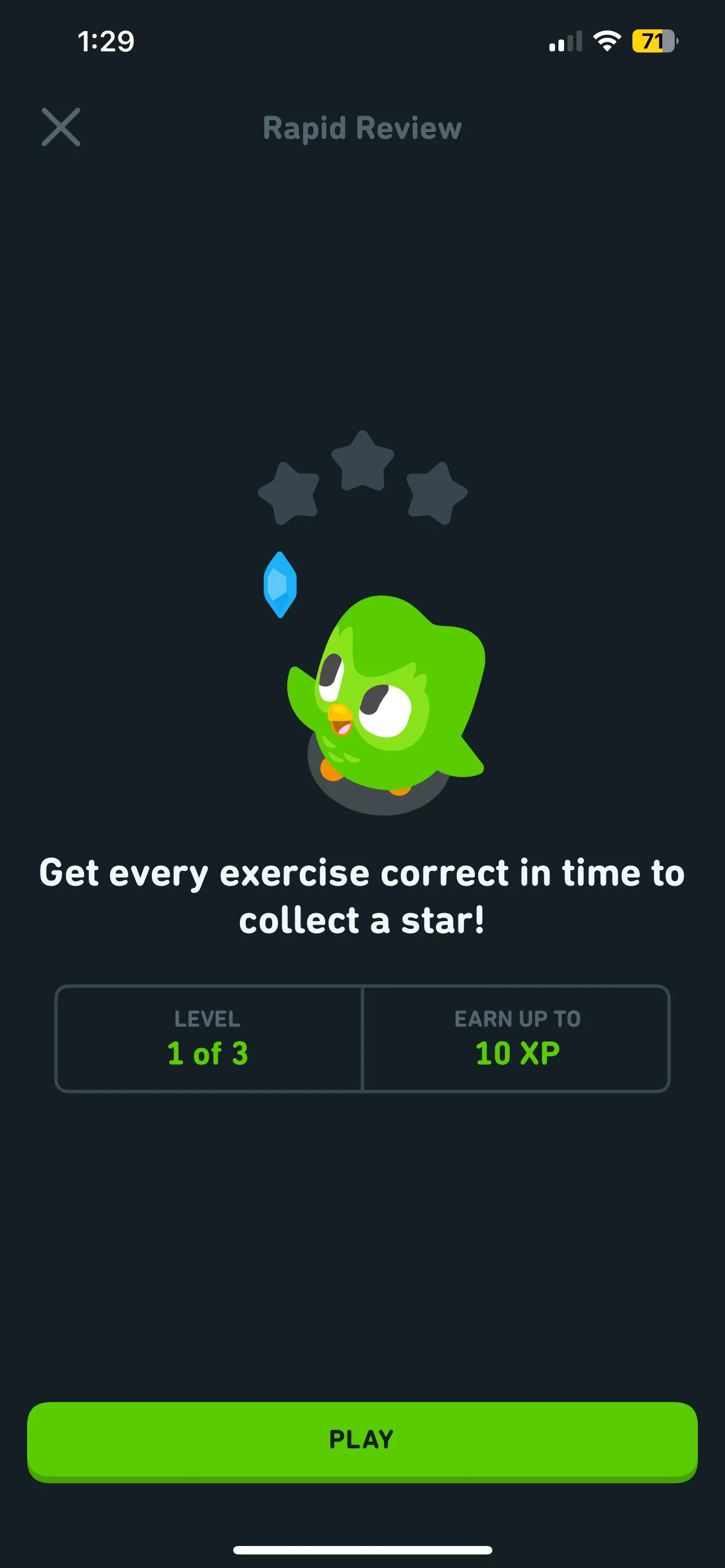 Giao diện phiên ôn tập nhanh (Rapid Review) của Duolingo, hiển thị là phiên 1 trong 3