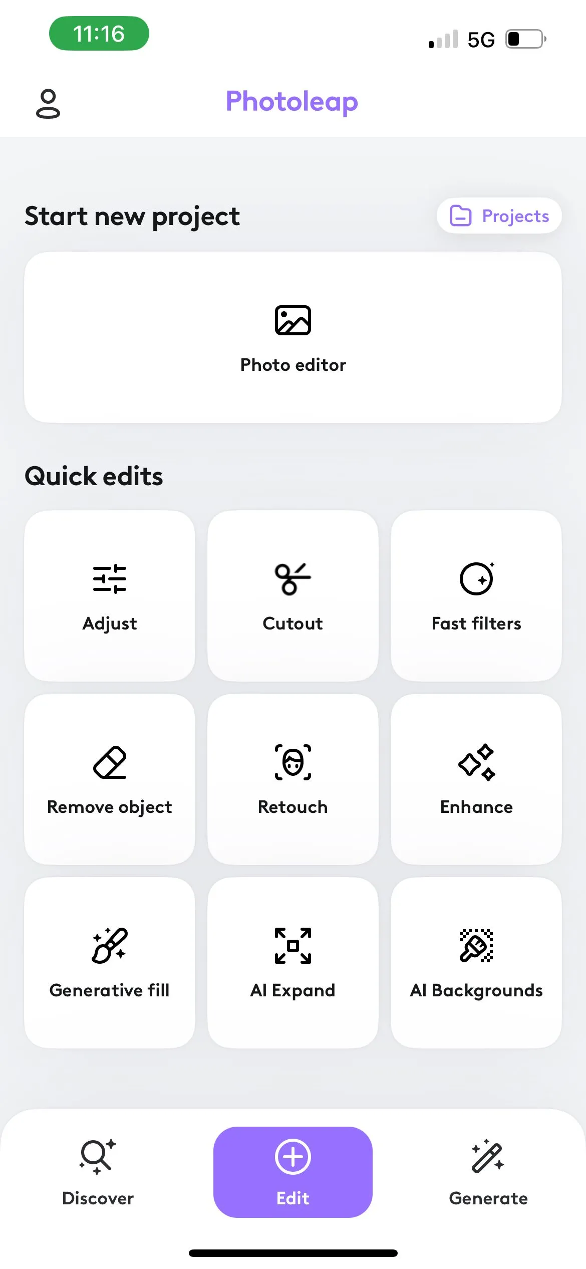 Giao diện Photoleap với các mục Discover, Edit và Generate hiển thị các tùy chọn chỉnh sửa ảnh và tạo nội dung AI