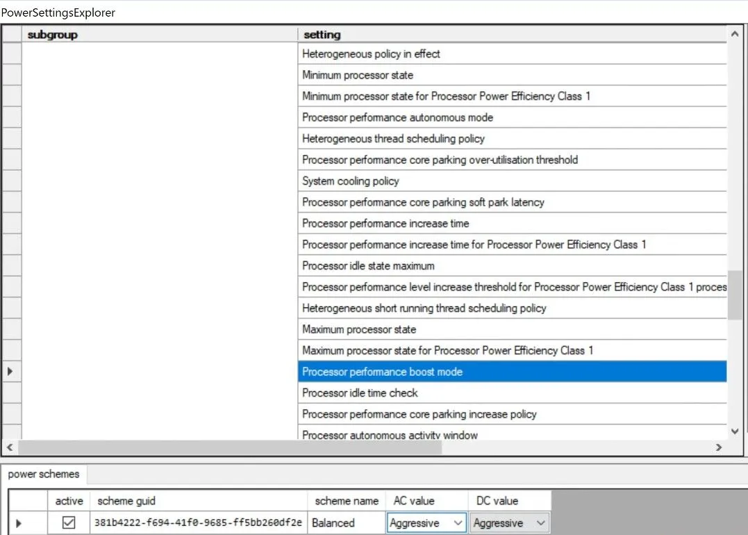Giao diện Power Settings Explorer hiển thị tùy chọn Processor Boost Mode trên máy tính Dell