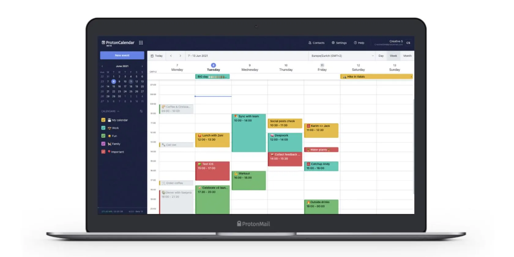 Giao diện Proton Calendar trên máy tính, hiển thị các khối thời gian lịch kỹ thuật số