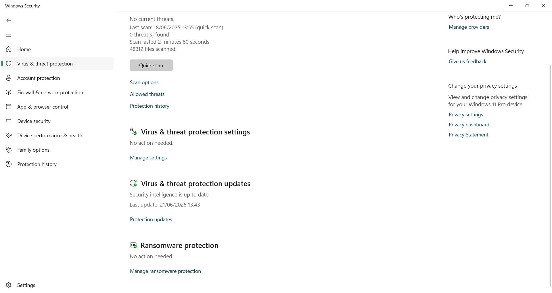 Giao diện quản lý Bảo vệ khỏi virus và mối đe dọa trong Windows Security