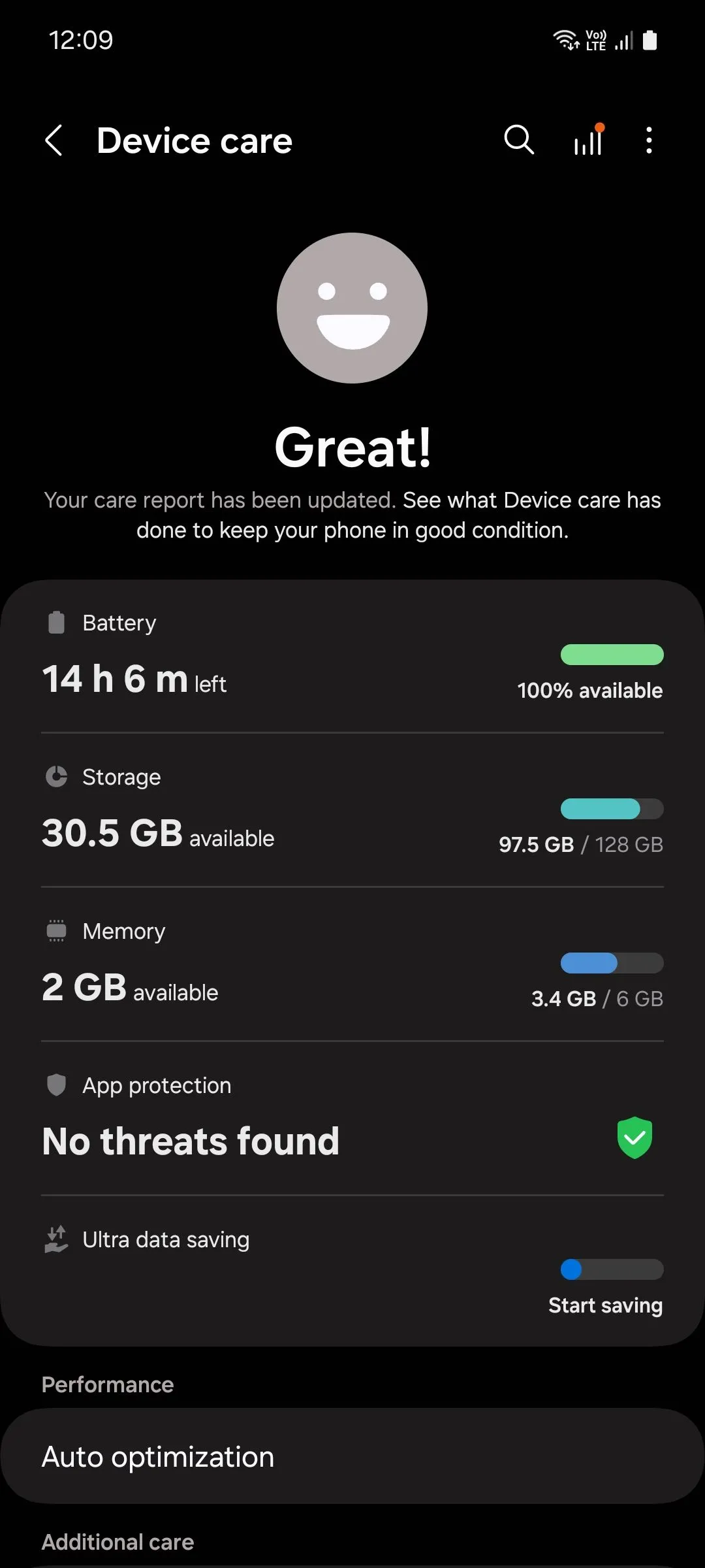Giao diện quản lý bộ nhớ trong mục Chăm sóc thiết bị của Samsung