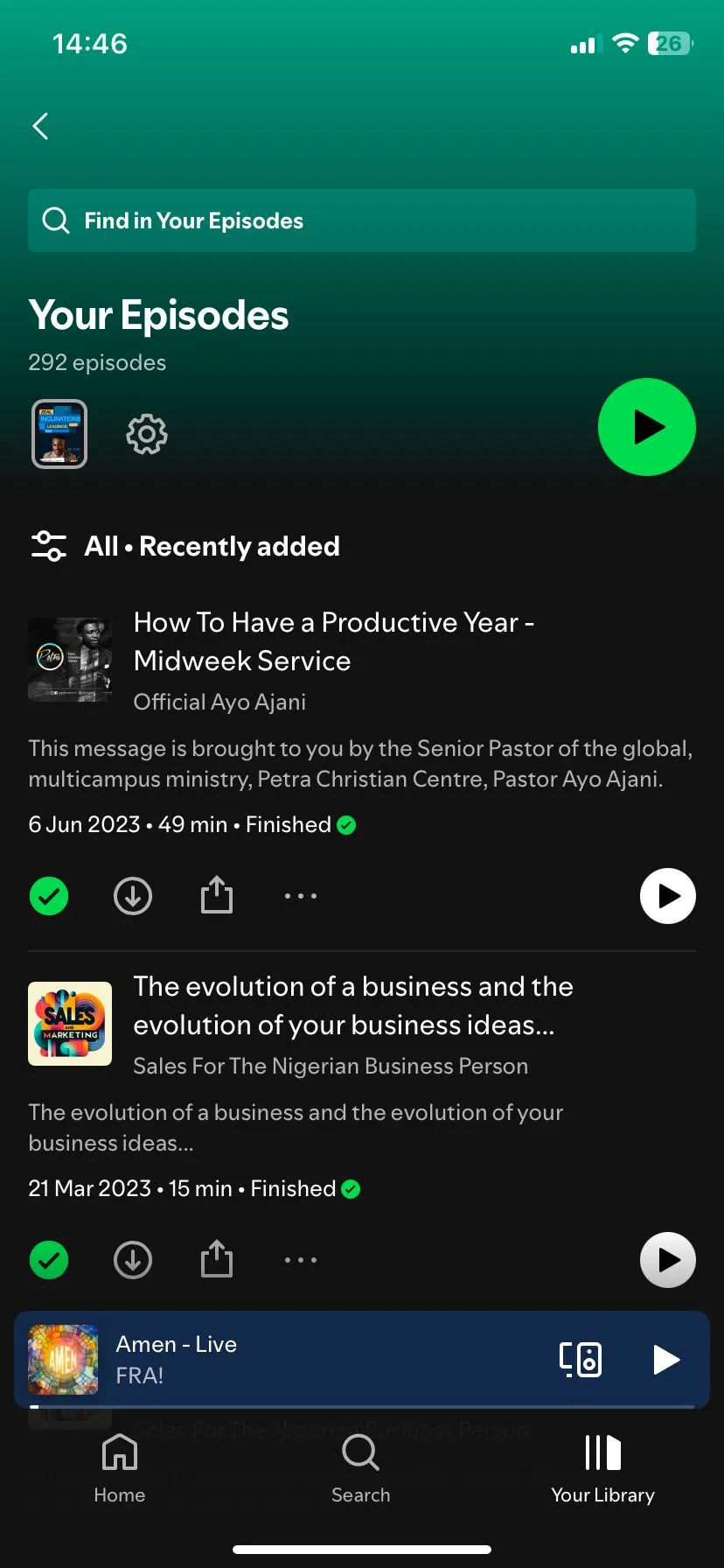 Giao diện quản lý các tập podcast đã tải về trong Spotify