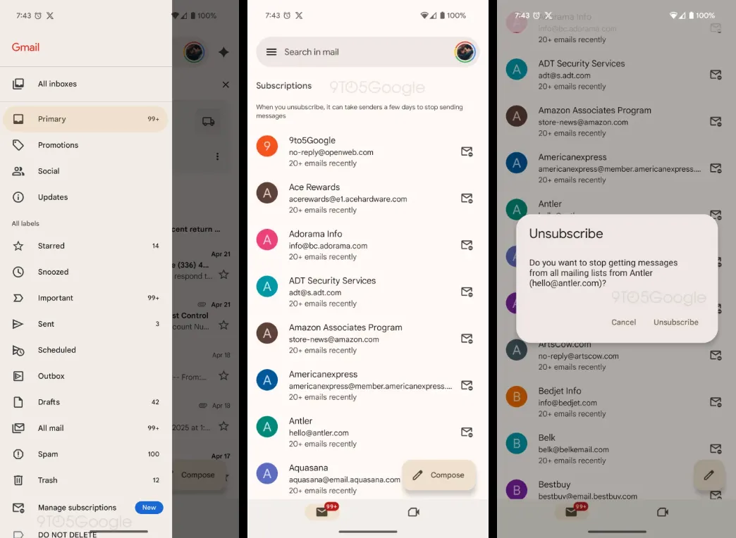Giao diện quản lý đăng ký bản tin mới trong Gmail giúp lọc và hủy đăng ký email không mong muốn