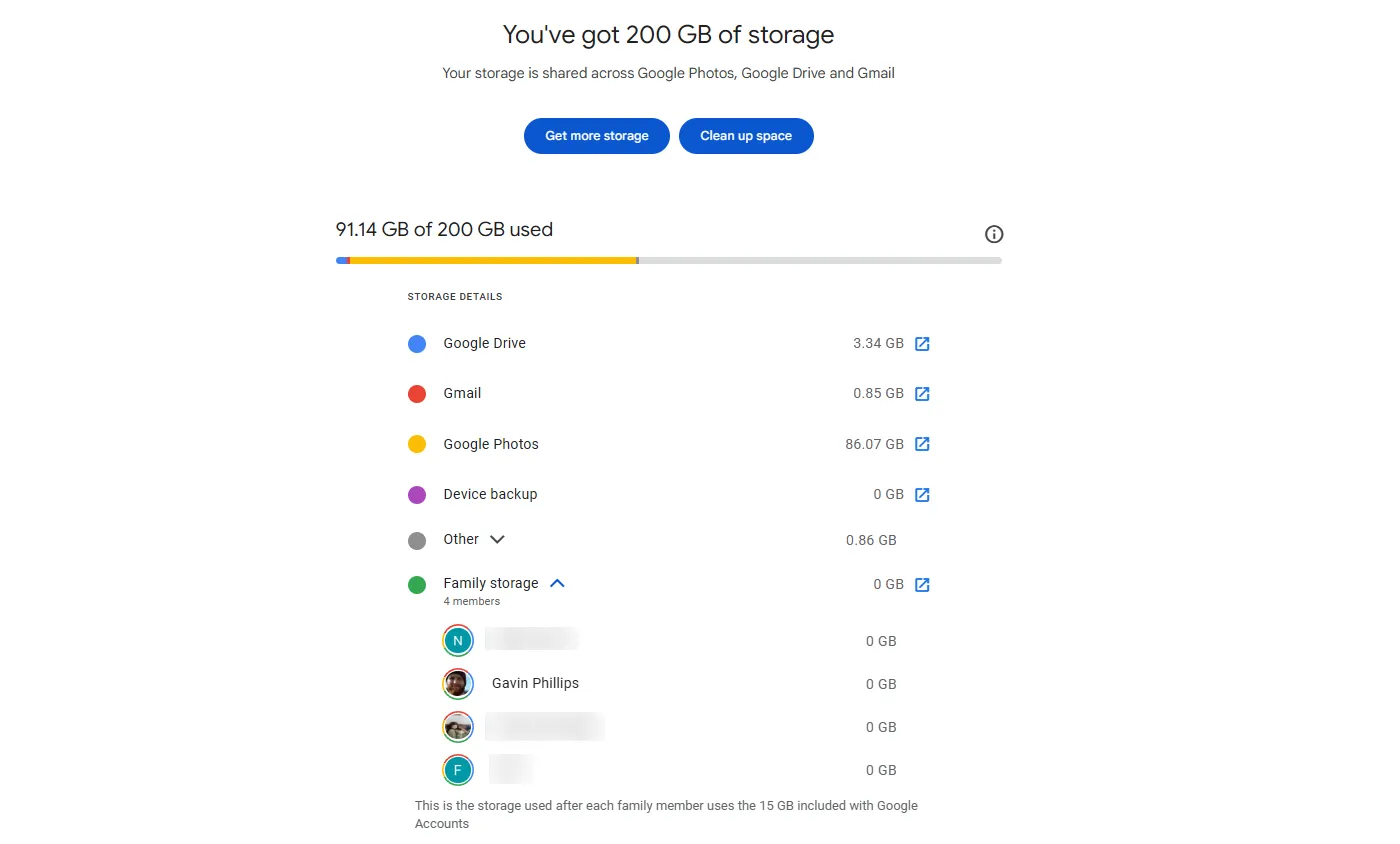 Giao diện quản lý dung lượng Google One hiển thị chi tiết dữ liệu lưu trữ theo danh sách.