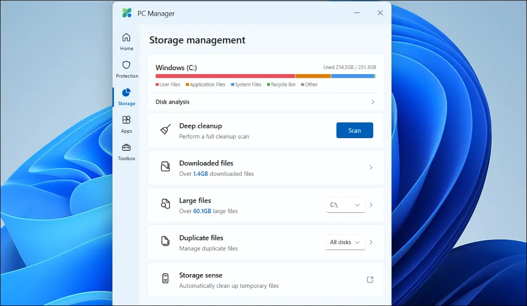 Giao diện quản lý dung lượng lưu trữ của Microsoft PC Manager trên Windows 11