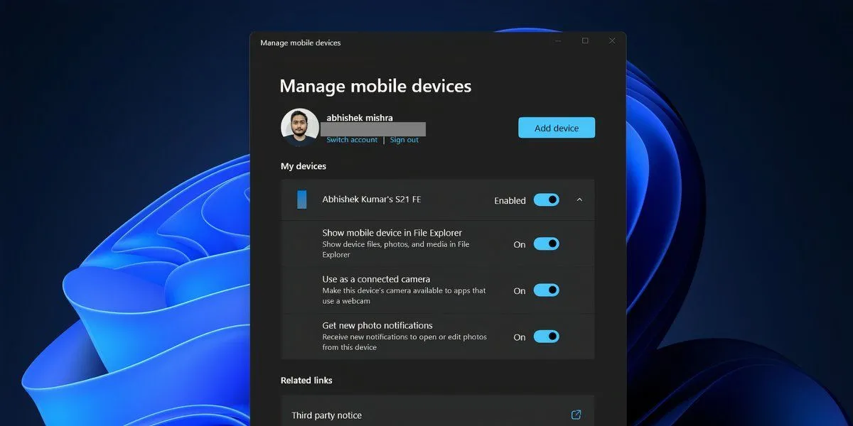 Giao diện quản lý thiết bị di động trong cài đặt Windows 11 hiển thị điện thoại Android đã kết nối