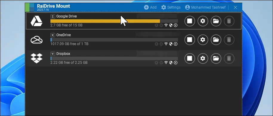 Giao diện RaiDrive hiển thị các ổ đĩa đám mây đã gắn kết trên Windows 11