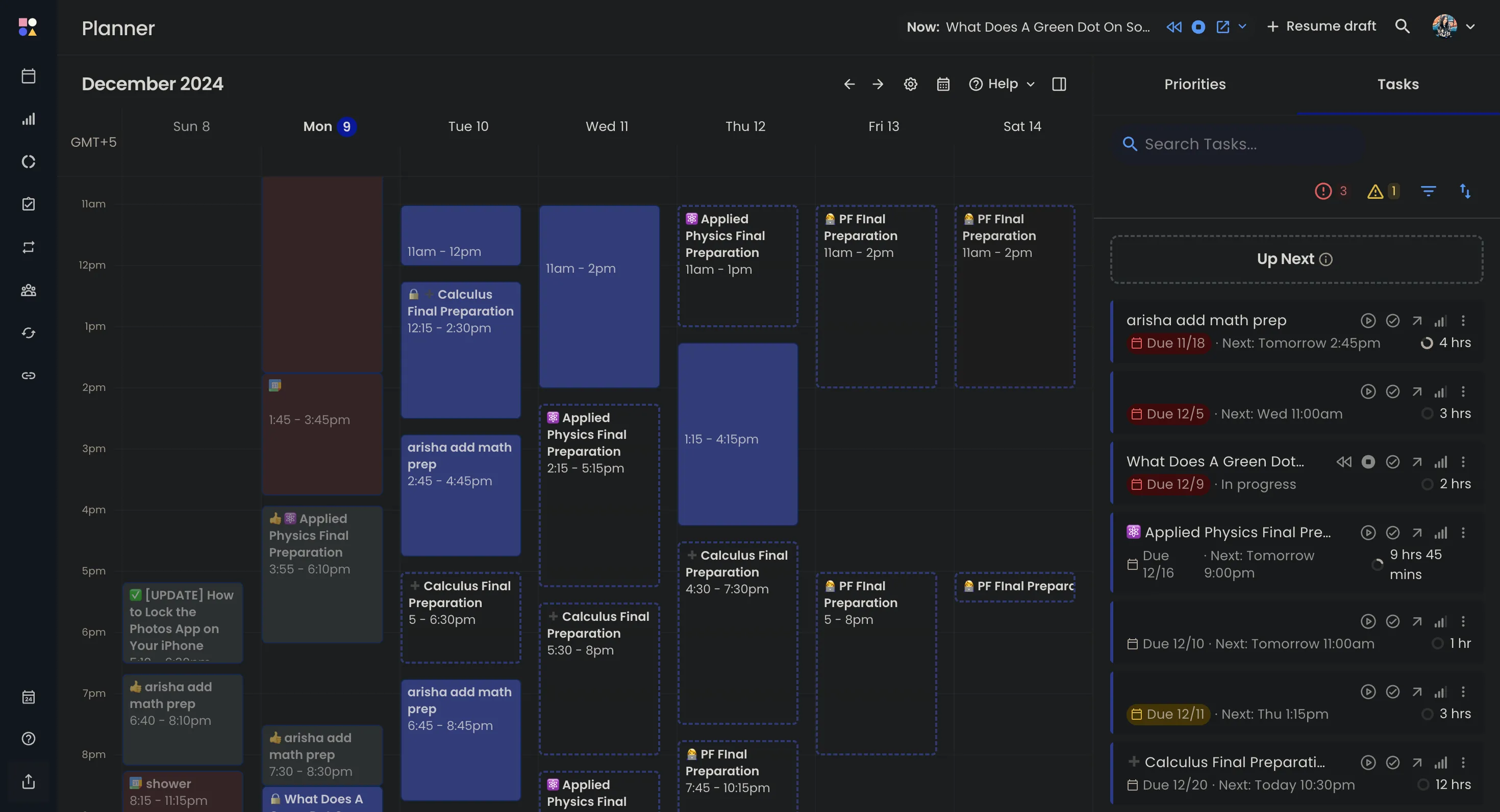 Giao diện Reclaim AI hiển thị Planner và danh sách các nhiệm vụ đã được lập lịch tự động