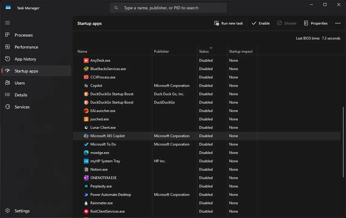 Giao diện Startup apps trong Task Manager, hiển thị danh sách các ứng dụng khởi động cùng Windows, giúp người dùng vô hiệu hóa ứng dụng nền để tối ưu CPU trên Windows 11