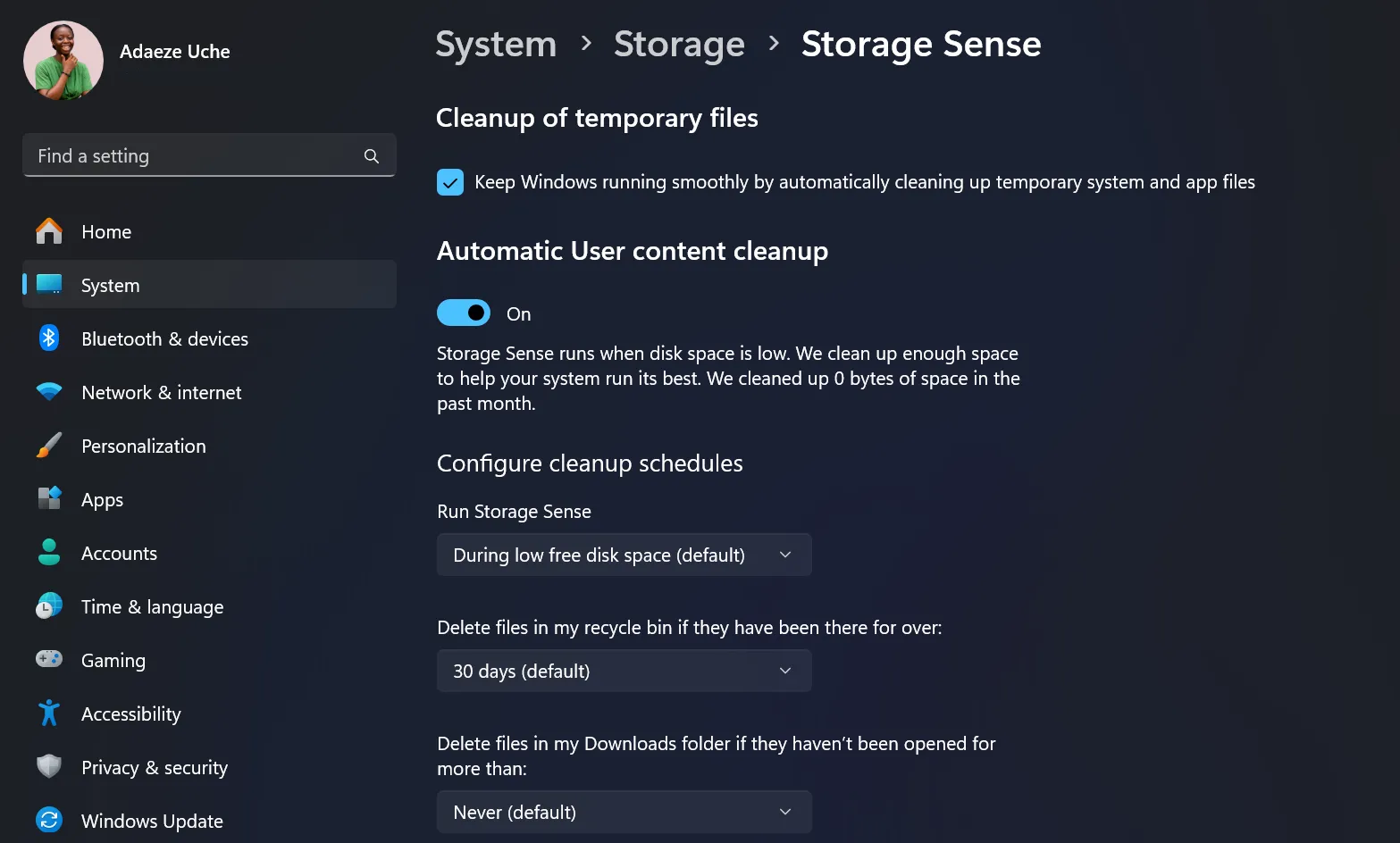 Giao diện Storage Sense trong Cài đặt Windows, tính năng quản lý dung lượng thông minh tự động dọn dẹp ổ đĩa