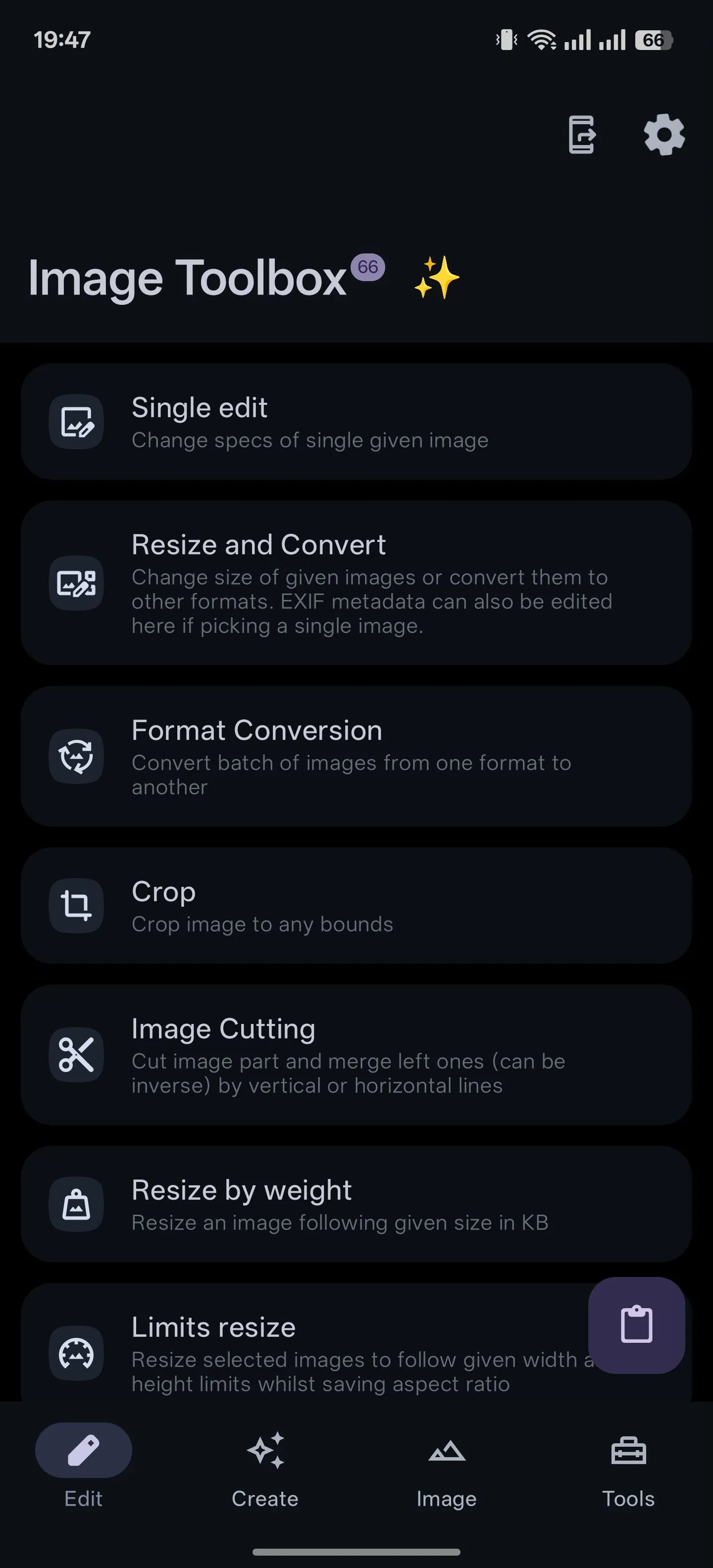 Giao diện tab chỉnh sửa của ứng dụng Image Toolbox, công cụ xử lý ảnh và PDF