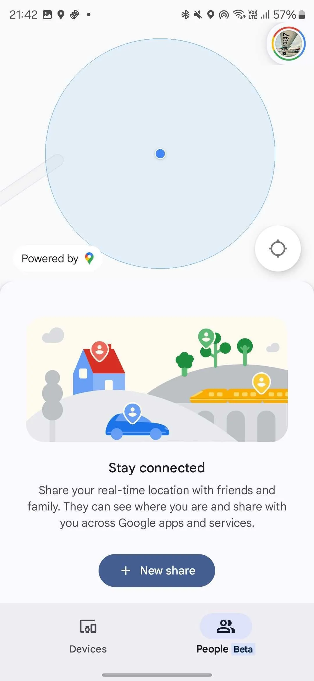 Giao diện tab People (Beta) trong ứng dụng Find My Device để bắt đầu chia sẻ vị trí