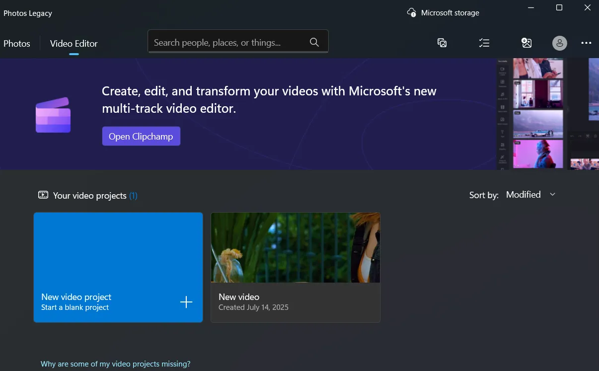 Giao diện tab Video Editor trong ứng dụng Windows Photos Legacy