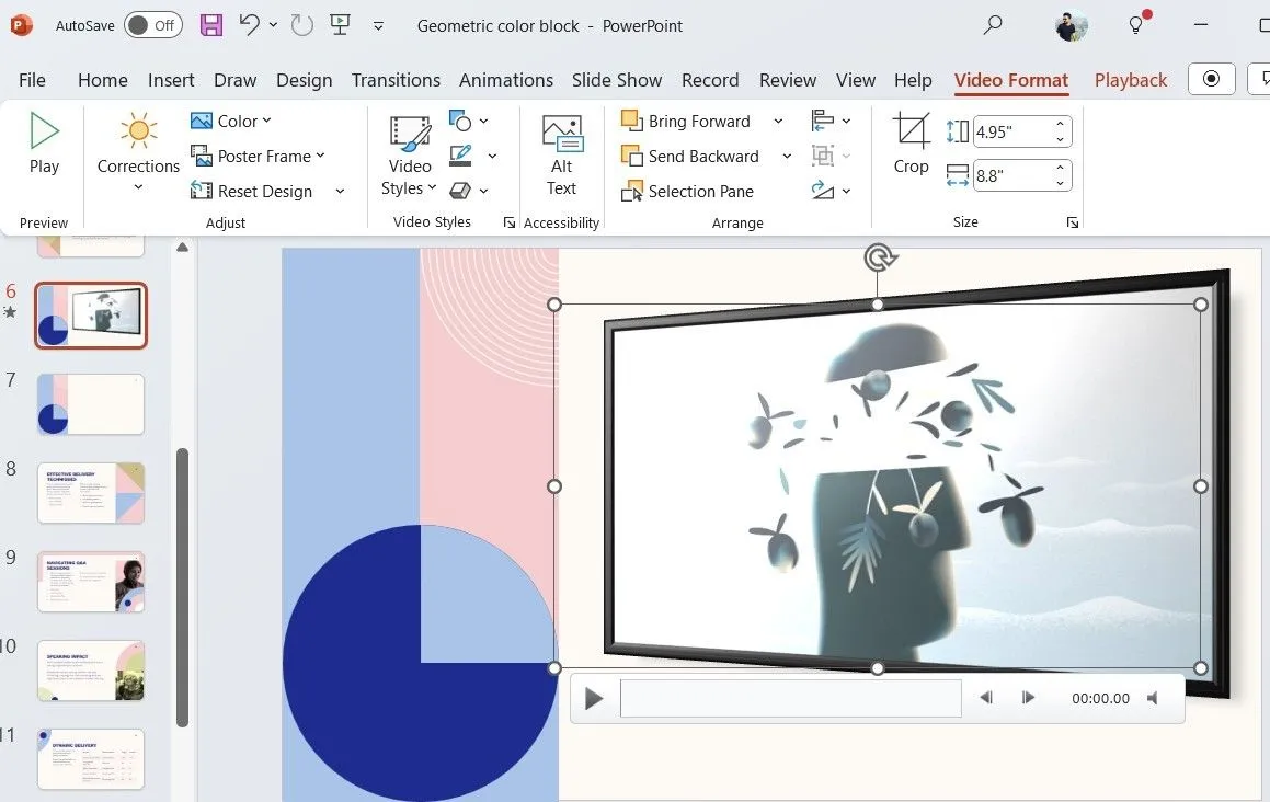 Giao diện tab Video Format trong PowerPoint với các tùy chọn định dạng và hiệu ứng cho video