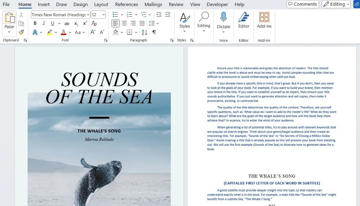 Giao diện tài liệu Word đang được sử dụng để thiết kế một eBook về âm thanh đại dương