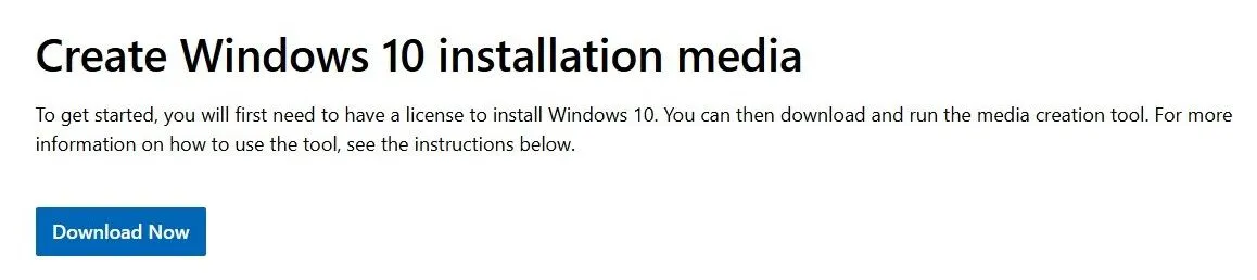 Giao diện tải về Media Creation Tool Windows 10 từ Microsoft