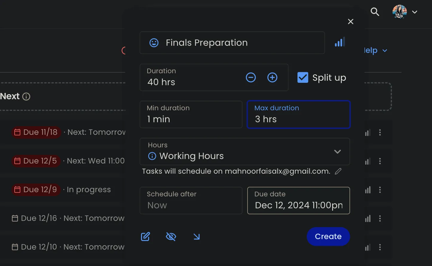 Giao diện tạo nhiệm vụ mới trong Reclaim AI với tùy chọn chia nhỏ công việc &quot;Finals Preparation&quot;
