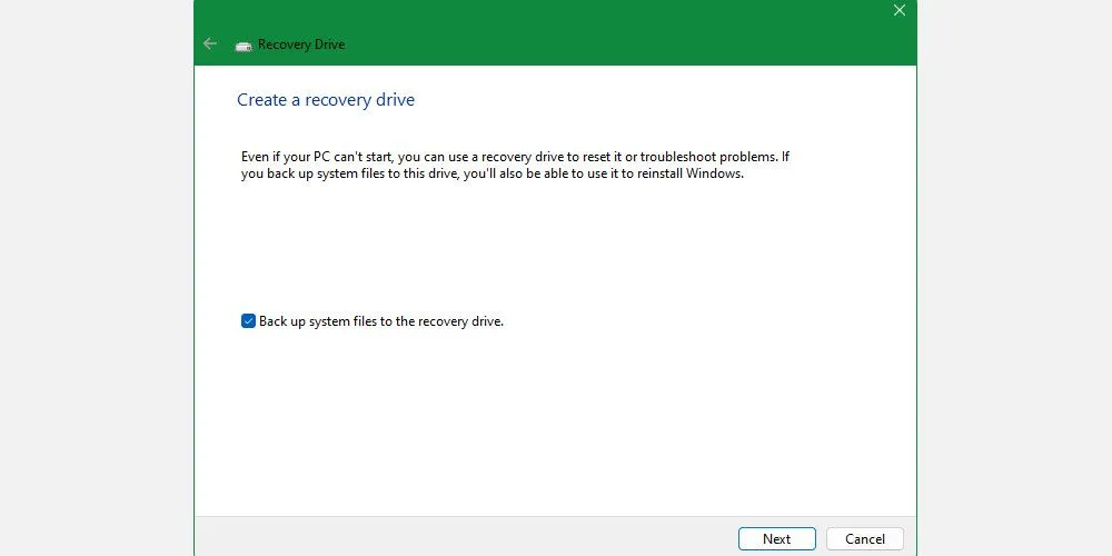 Giao diện tạo ổ đĩa khôi phục Windows 10
