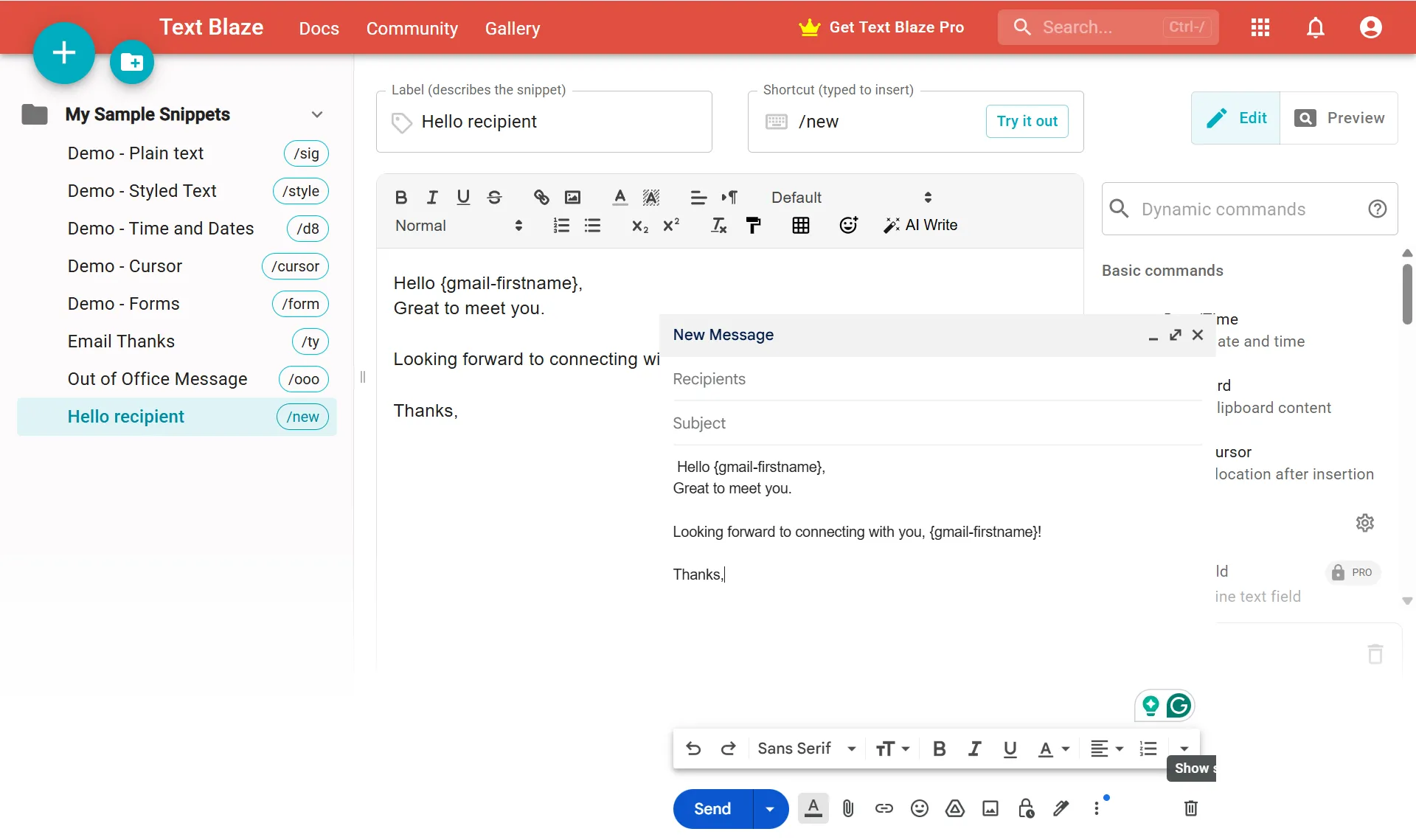 Giao diện tạo snippet động (Dynamic Snippet) trong Text Blaze với các trường tùy chỉnh và chức năng AI Write