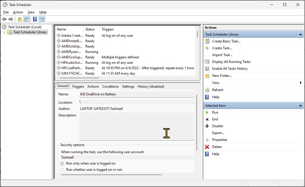 Giao diện tạo tác vụ mới trong Task Scheduler trên Windows 11, minh họa các tùy chọn cấu hình tác vụ tự động.