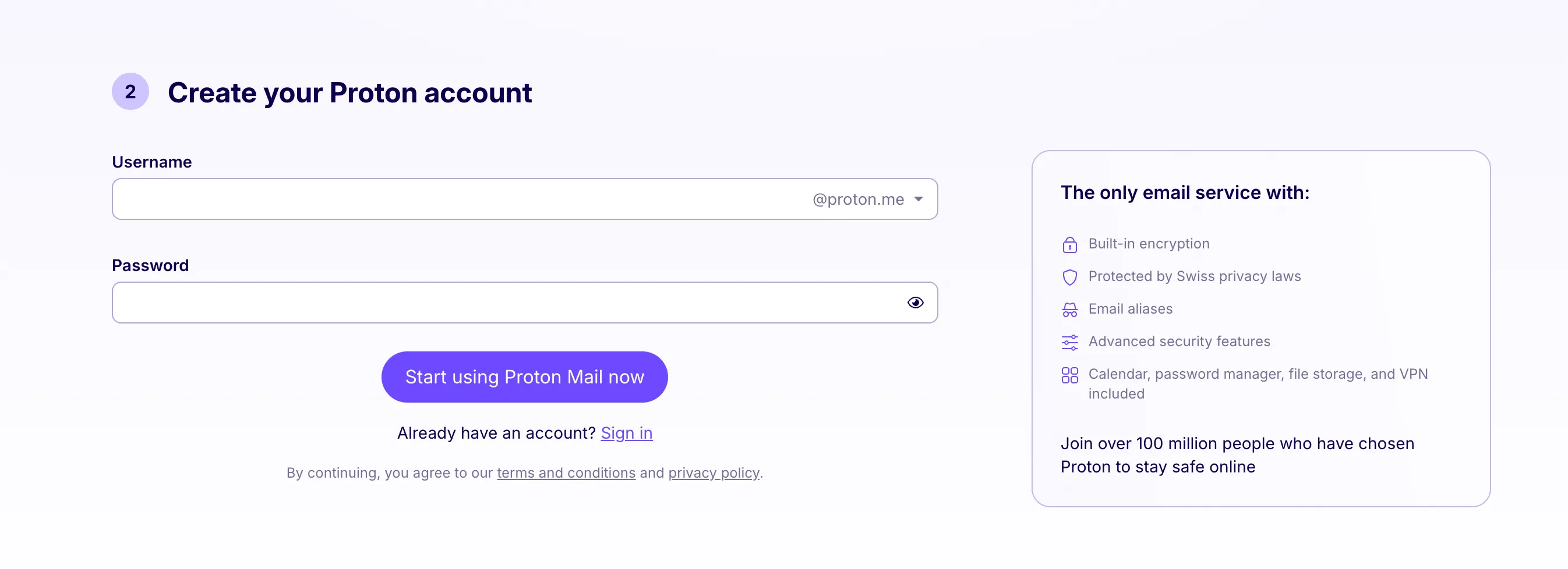 Giao diện tạo tài khoản Proton Mail với các tùy chọn bảo mật cao cấp