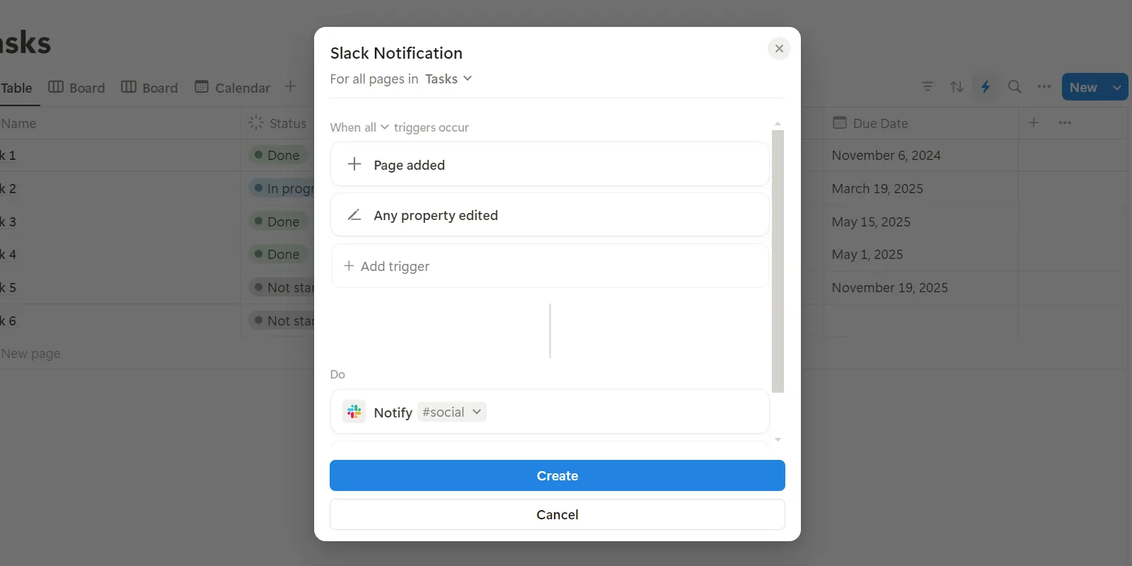 Giao diện tạo tự động hóa thông báo Slack trong Notion, minh họa khả năng tích hợp miễn phí cho các tác vụ cơ bản.