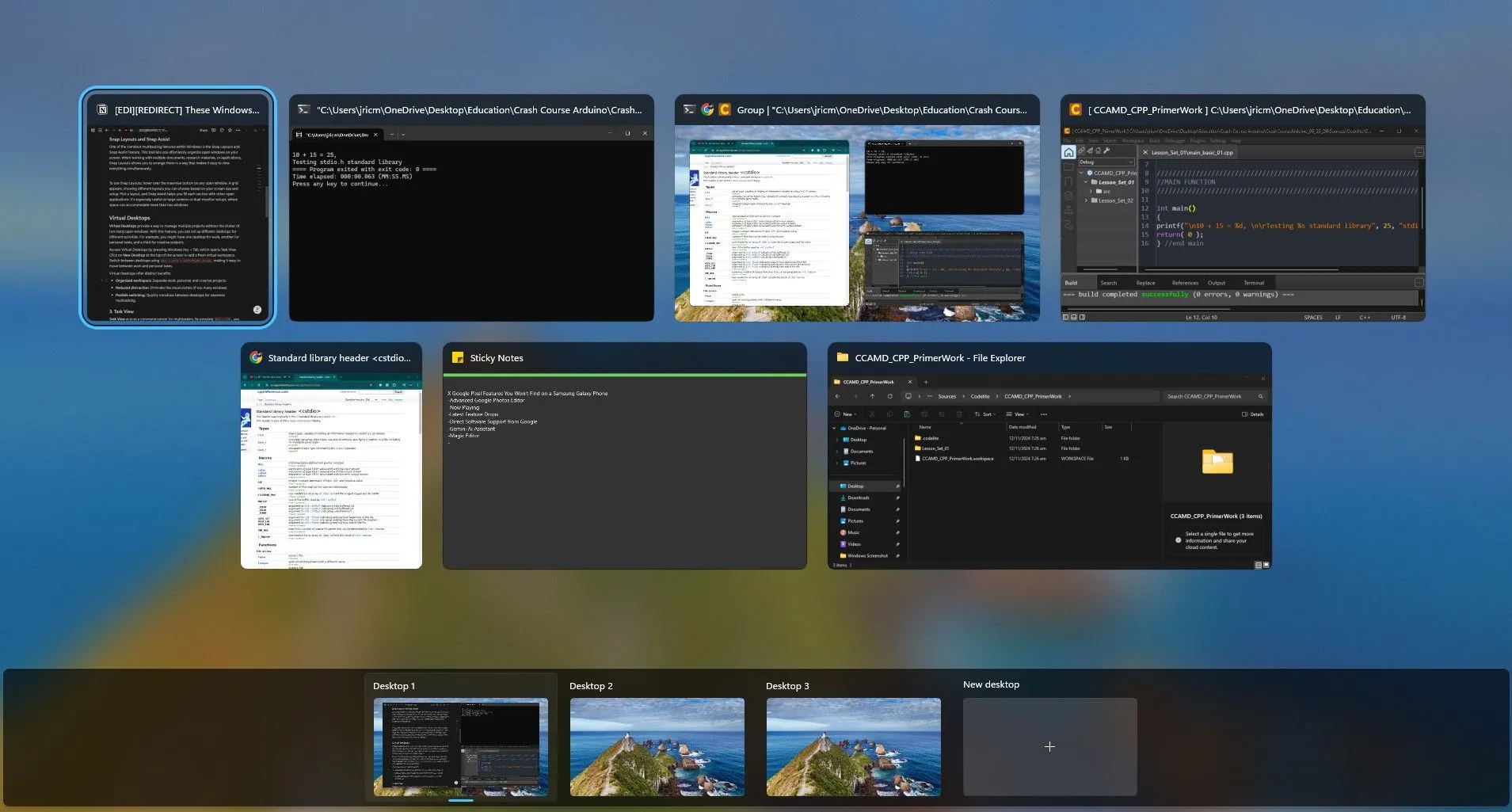 Giao diện Task View hiển thị tổng quan tất cả các cửa sổ ứng dụng đang mở trên Windows