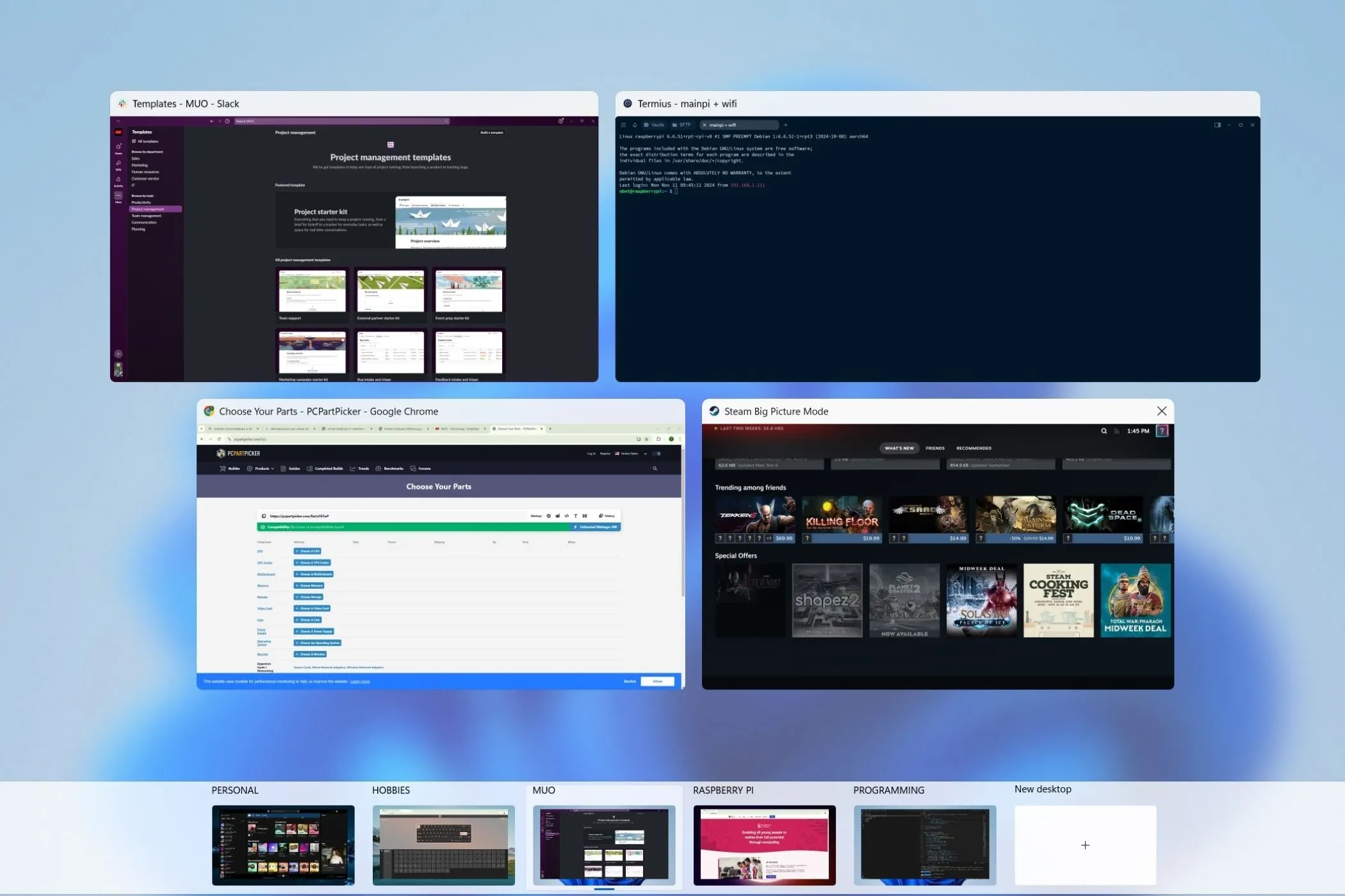 Giao diện Task View trên Windows 11 hiển thị các màn hình ảo (virtual desktops) đang hoạt động, giúp quản lý không gian làm việc