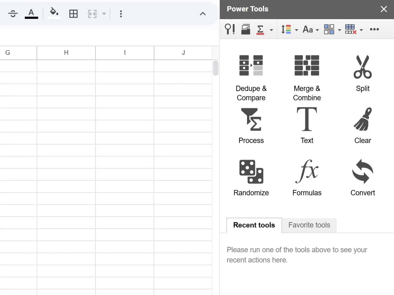Giao diện thanh bên Power Tools trong Google Sheets, hiển thị các tùy chọn xử lý và làm sạch dữ liệu hiệu quả