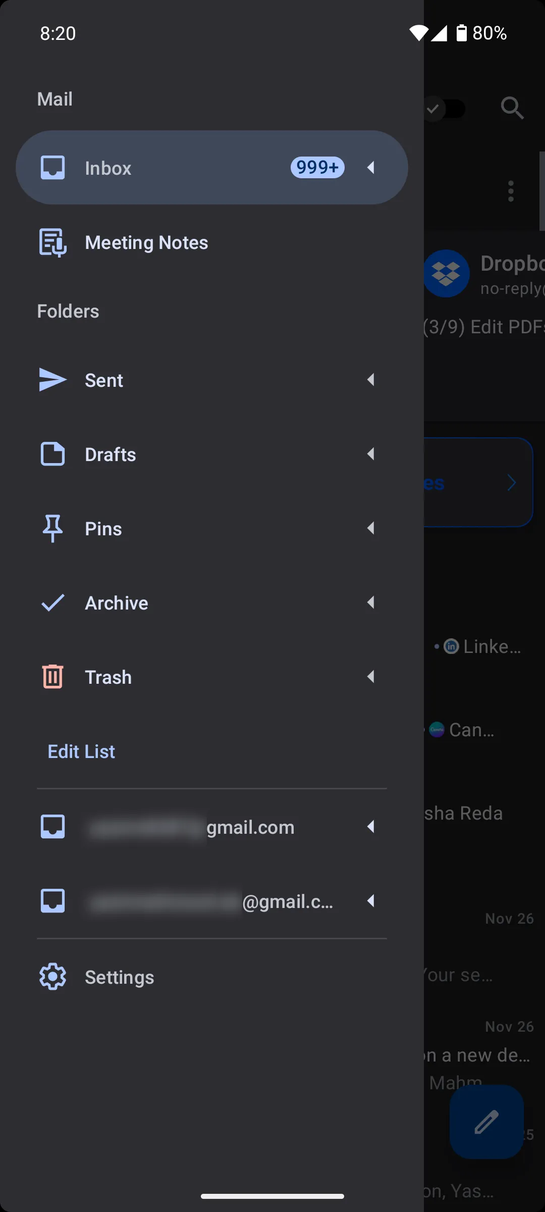 Giao diện thanh bên ứng dụng Spark Mail trên Android với các thư mục email chính