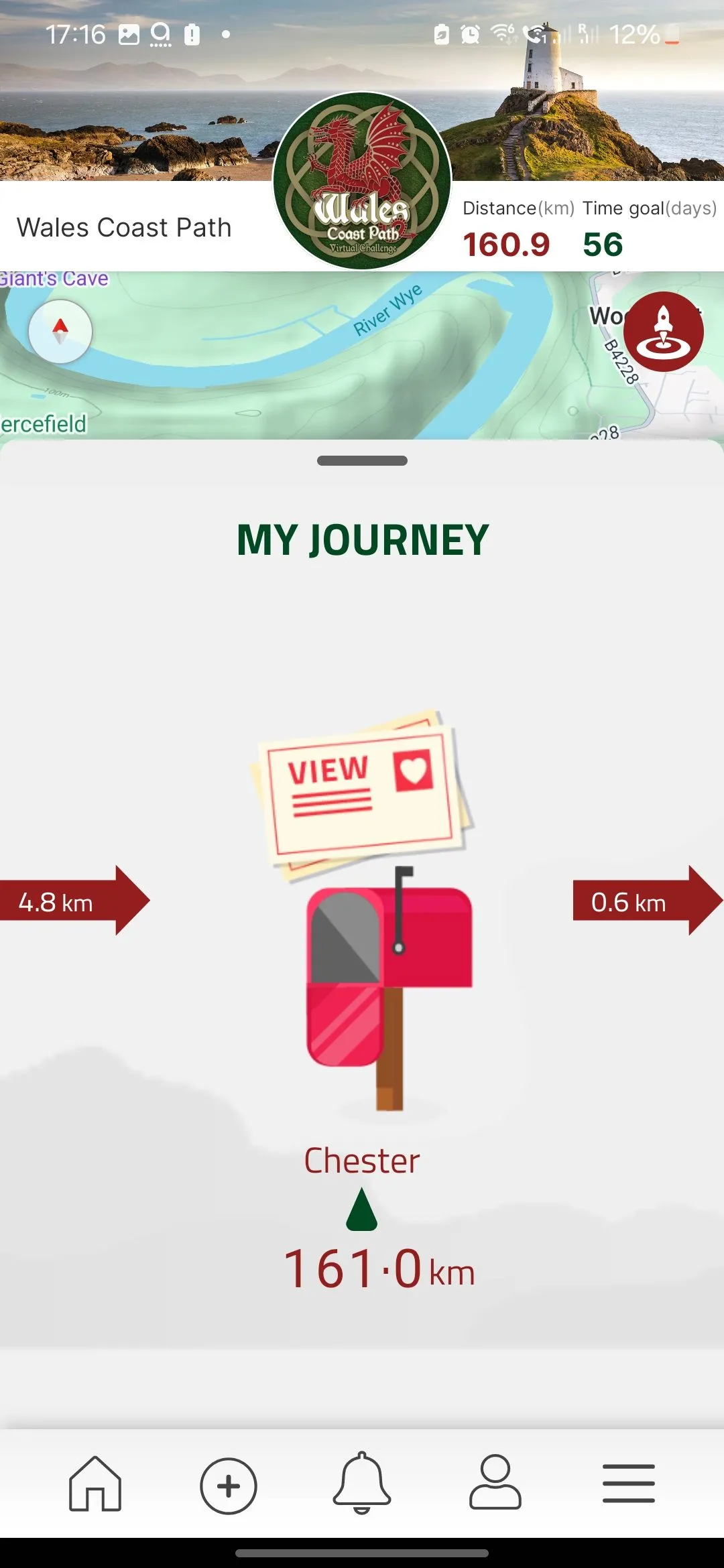 Giao diện The Conqueror App hiển thị cột mốc đã hoàn thành trên lộ trình thử thách ảo.