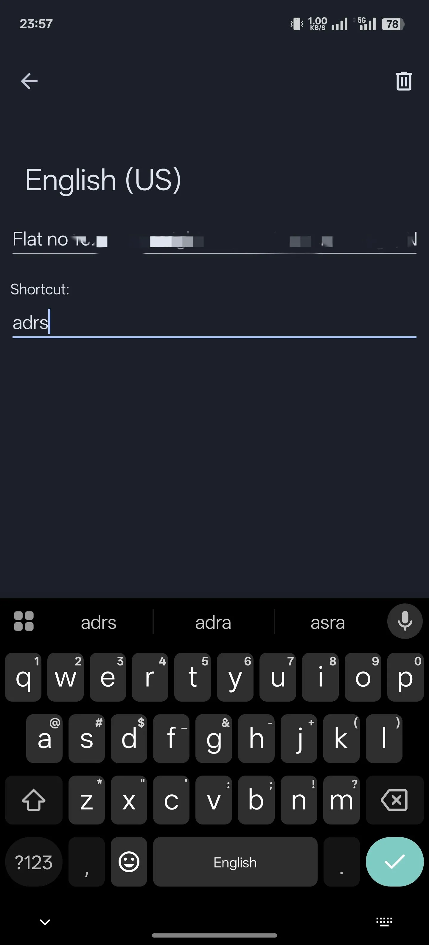 Giao diện thiết lập phím tắt văn bản trong Gboard, hiển thị trường nhập từ gốc và phím tắt gợi ý.