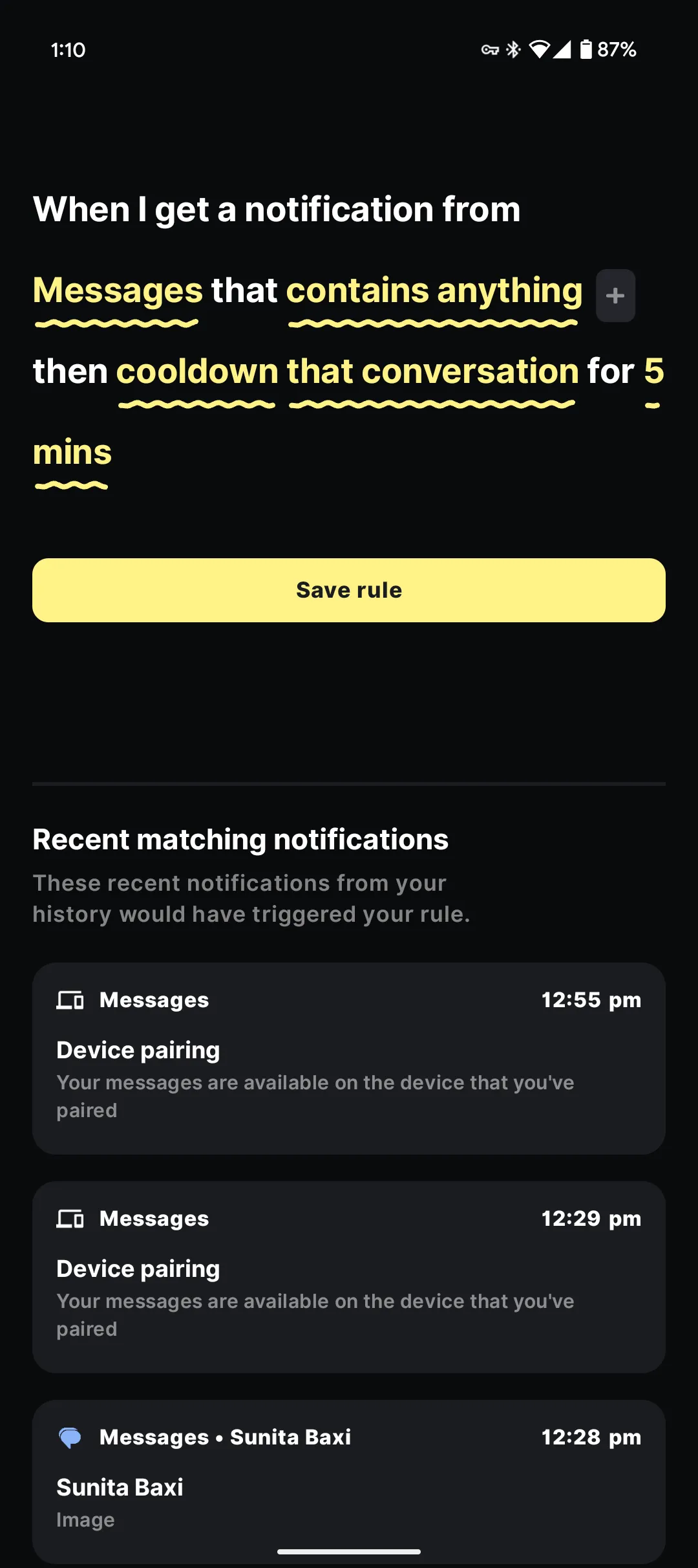 Giao diện thiết lập quy tắc quản lý thông báo tùy chỉnh trong ứng dụng BuzzKill trên Android