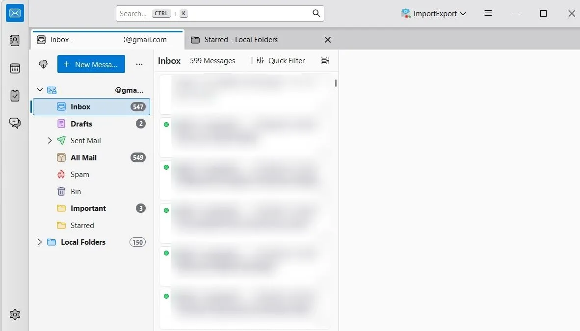 Giao diện Thunderbird với các tab Gmail và thư mục cục bộ