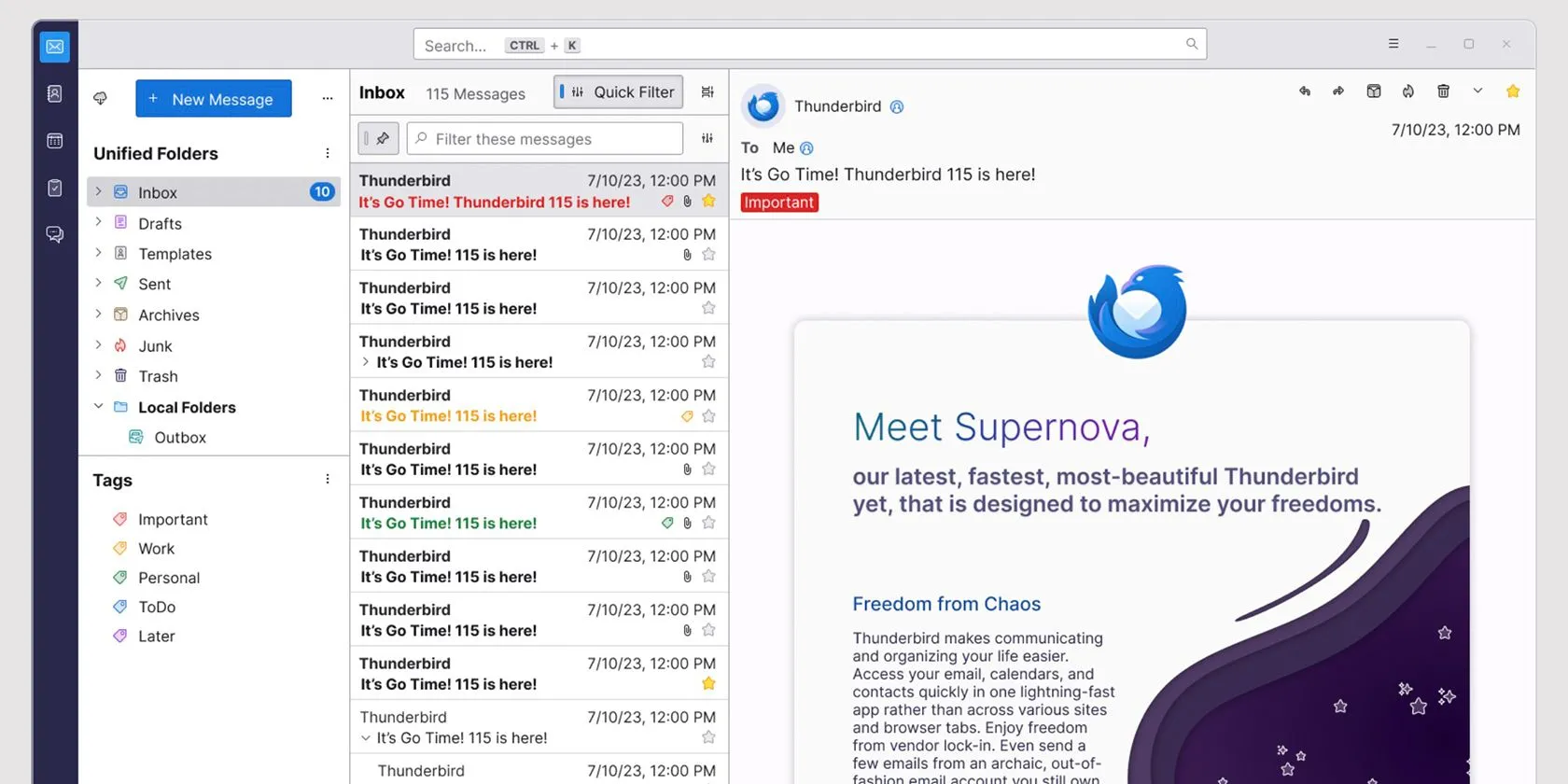 Giao diện Thunderbird với email đang mở và các tab quản lý