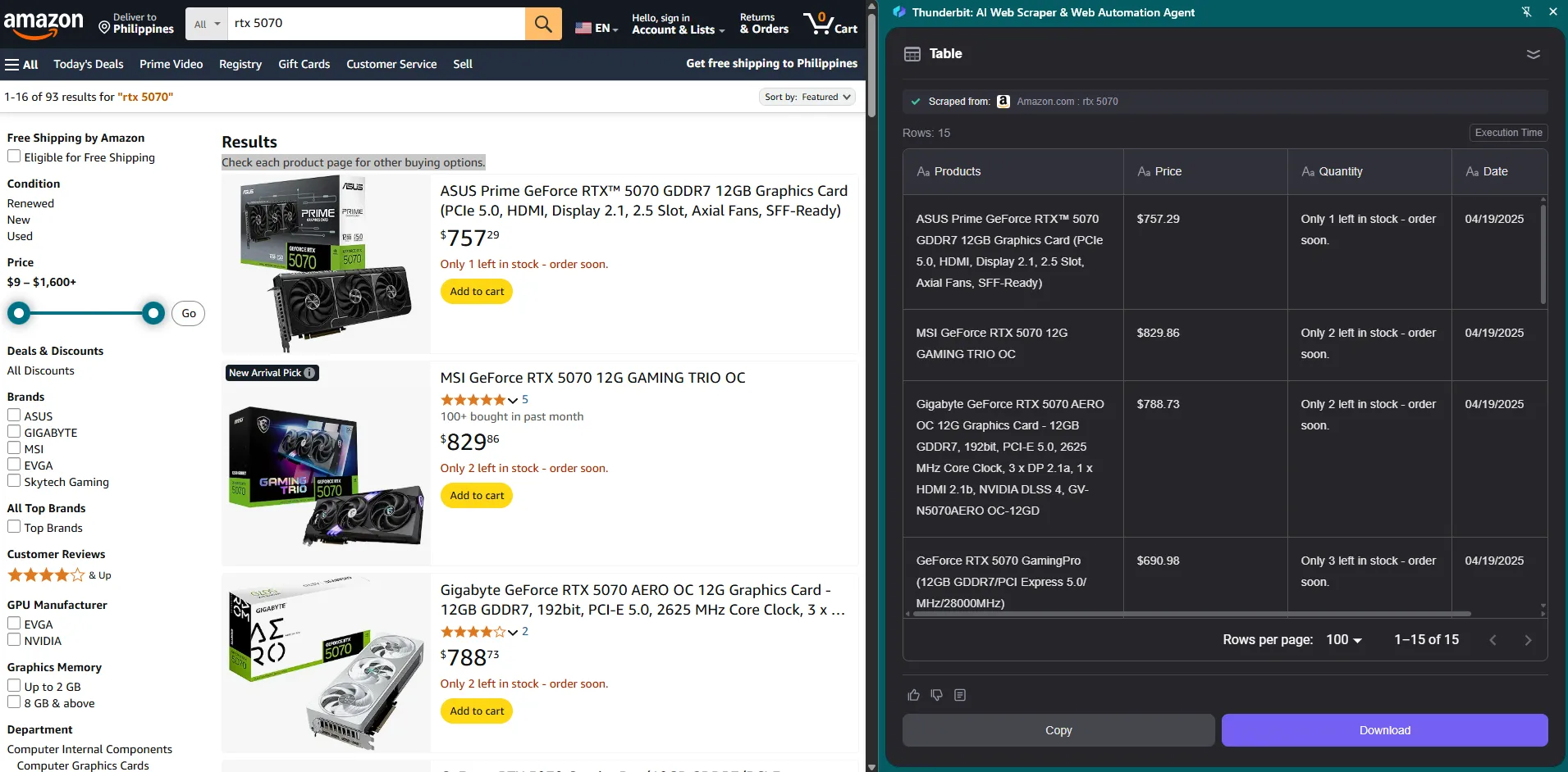 Giao diện Thunderbit đang trích xuất dữ liệu sản phẩm từ Amazon