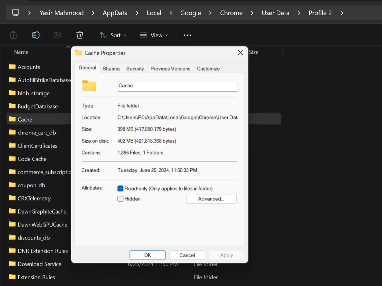 Giao diện thuộc tính thư mục Cache của Google Chrome trong File Explorer trên Windows, hiển thị dung lượng bộ nhớ đệm.