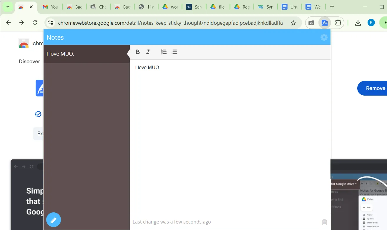 Giao diện tiện ích Notes trong trình duyệt Chrome, hiển thị các ghi chú được lưu vào Google Drive