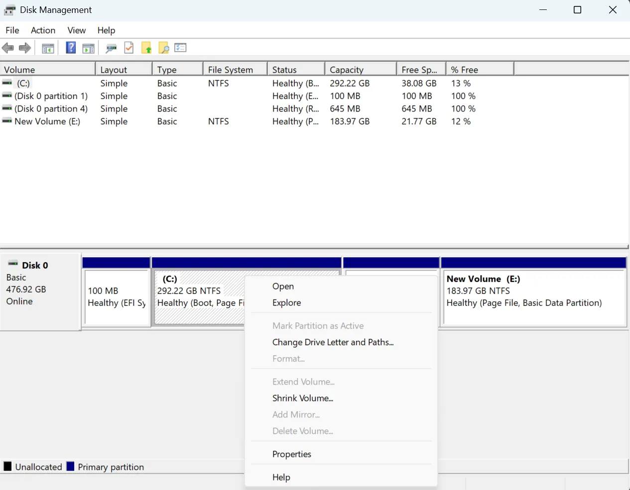 Giao diện tiện ích quản lý ổ đĩa trên Windows 11 hiển thị các tùy chọn phân vùng ổ cứng để tối ưu hóa lưu trữ và bảo mật dữ liệu.