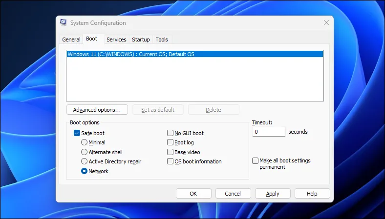 Giao diện tiện ích System Configuration (MSConfig) trên Windows 11, dùng để quản lý khởi động và dịch vụ hệ thống.